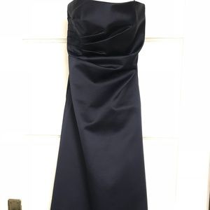 Strapless navy tea-length evening gown